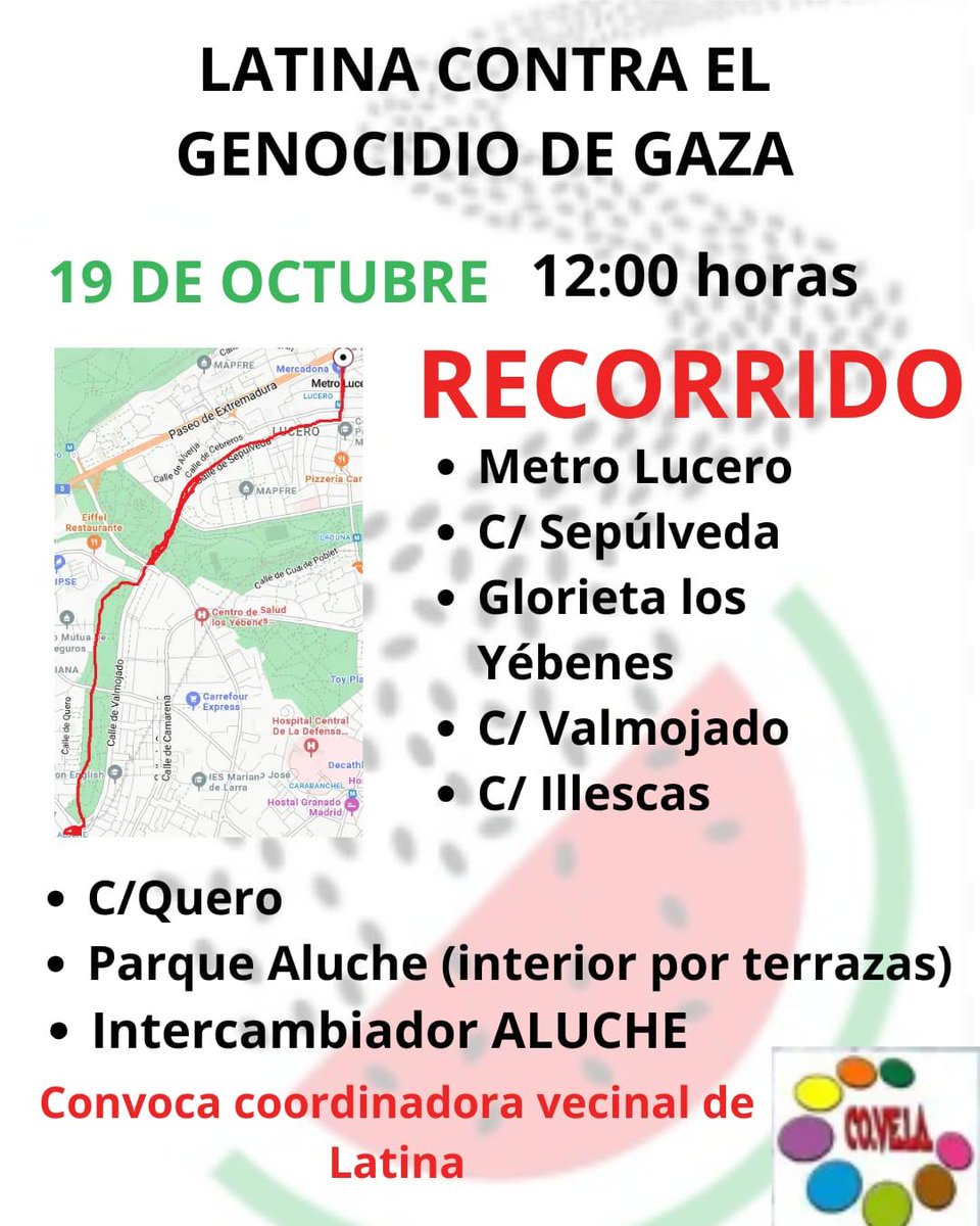 Este sábado salimos a las calles del distrito de Latina para decir alto y claro: ¡Basta de genocidio, basta de impunidad.

📍 Lucero - Intercambiador Aluche 
🗓️ Domingo 19 - 12 horas 
✊ ¡Por la vida, por la dignidad, por Palestina libre!
Vente, no faltes 💜