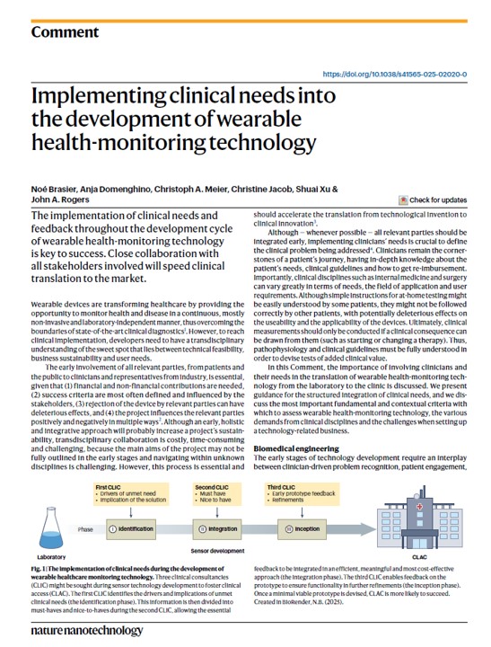 ProfJohnARogers's tweet image. Happy to announce the publication of our Comment piece in Nature Nanotechnology, focusing on the intersection between clinical needs and capabilities of emerging wearable technologies, titled “Implementing clinical needs into the development of wearable health-monitoring…