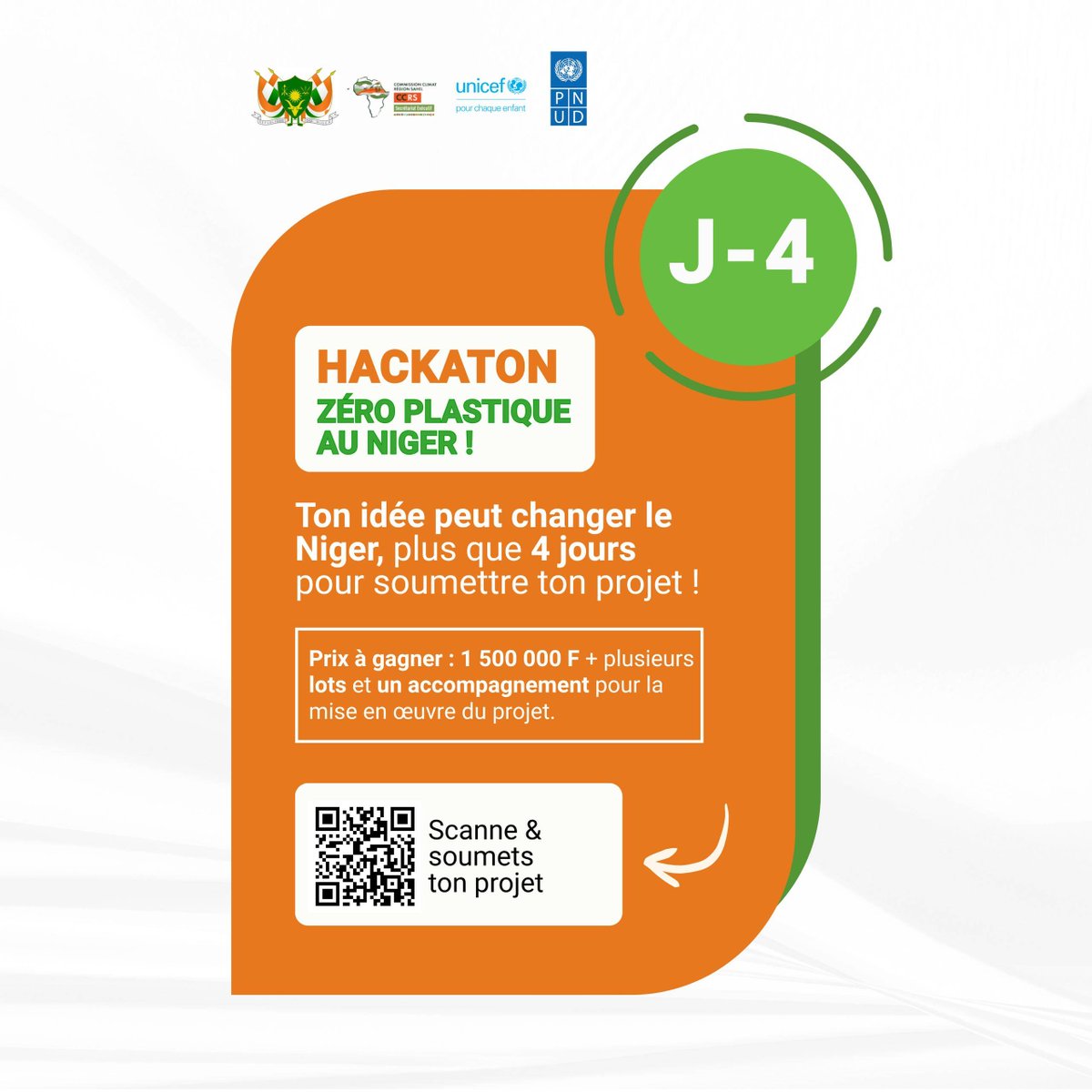 Ton idée peut changer les choses! 🌍
Il reste 4 jours pour rejoindre le Hackathon #ZeroPlastiqueNiger et développer une solution innovante contre les déchets plastiques.

🚀L'avenir du pays t'attend : 👉🏾 unicef.link/4nPeGAU