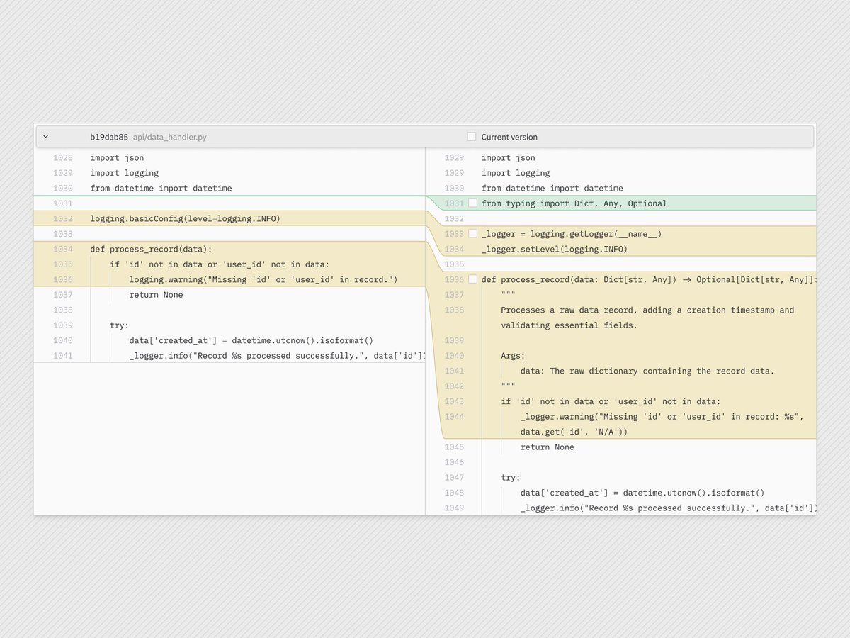 aaaronang's tweet photo. design exploration // side-by-side git diff with curved connectors https://t.co/pHTpaU3VXP