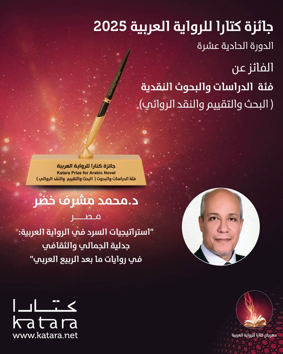 🏆 الفائزون عن فئة الدراسات والبحوث النقدية غير المنشورة في #جائزة_كتارا_للرواية_العربية 2025 – الدورة الحادية عشرة، ضمن فعاليات #مهرجان_كتارا_للرواية_العربية، تقديرًا للجهود البحثية التي تُسهم في تطوير النقد الأدبي وإثراء الدراسات المتخصصة في مجال الرواية العربية. ✨📚
