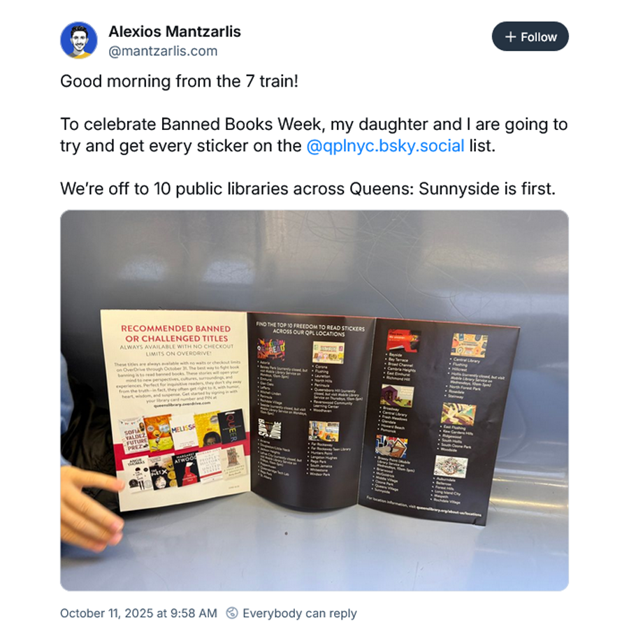 QPLNYC's tweet image. 🎨 We really enjoyed Alexios&apos;s #BannedBooksWeek quest to try and get every sticker in our #FreedomToRead Sticker Collection!
❓ Did Alexios and his daughter succeed? Follow their journey!
bsky.app/profile/mantza…