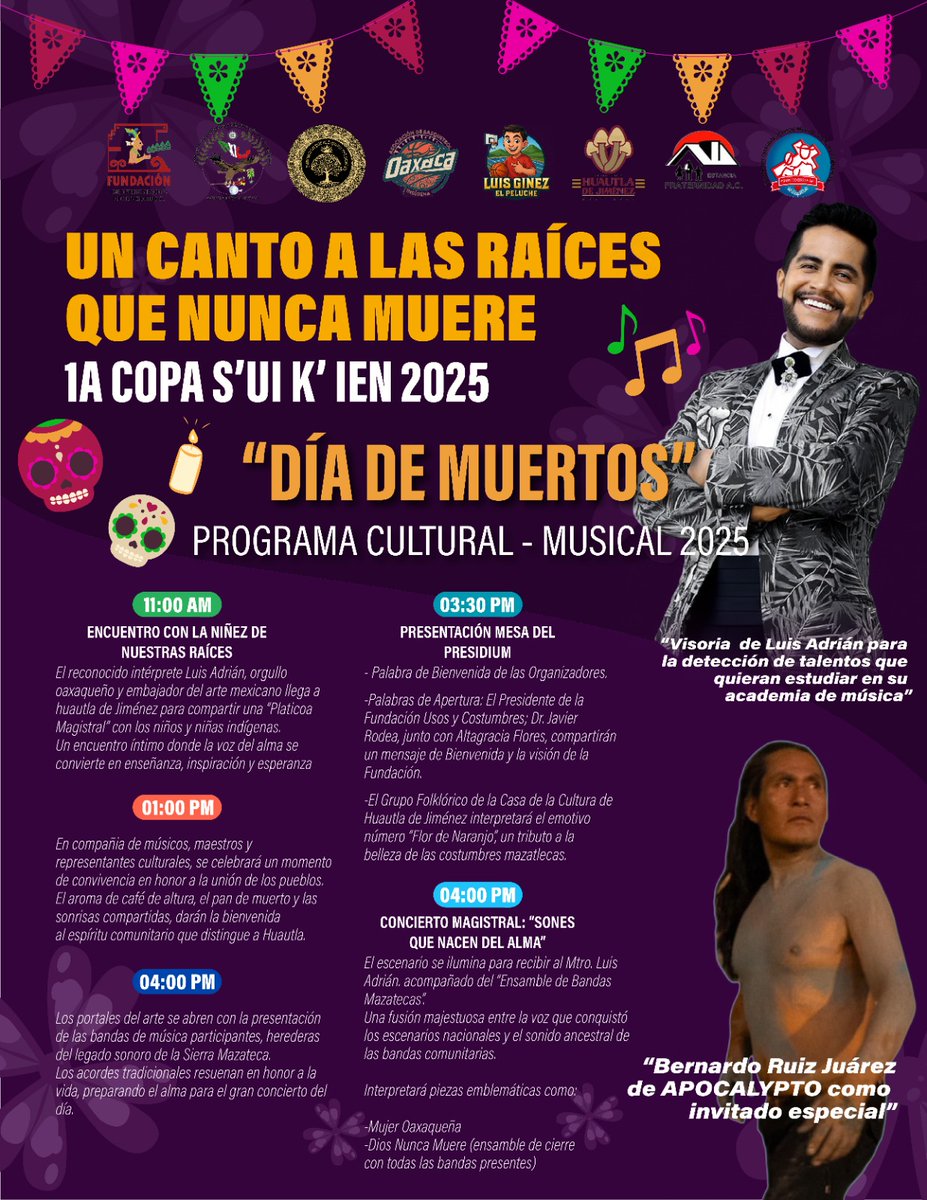 fundacionusos's tweet photo. 🎶 Un canto a las raíces que nunca muere.

Vive la magia del #DíaDeMuertos en la 1ª Copa S’UI K’IEN 2025 🇲🇽

📍 Huautla de Jiménez, Oaxaca

Con @tenorluisadrian y Bernardo Ruiz Juárez (Apocalypto).

@GobOax  @ClaraBrugadaM  @SECTUR_mx 
#FundaciónUsosyCostumbres #CulturaViva https://t.co/1Gsk2RLflL