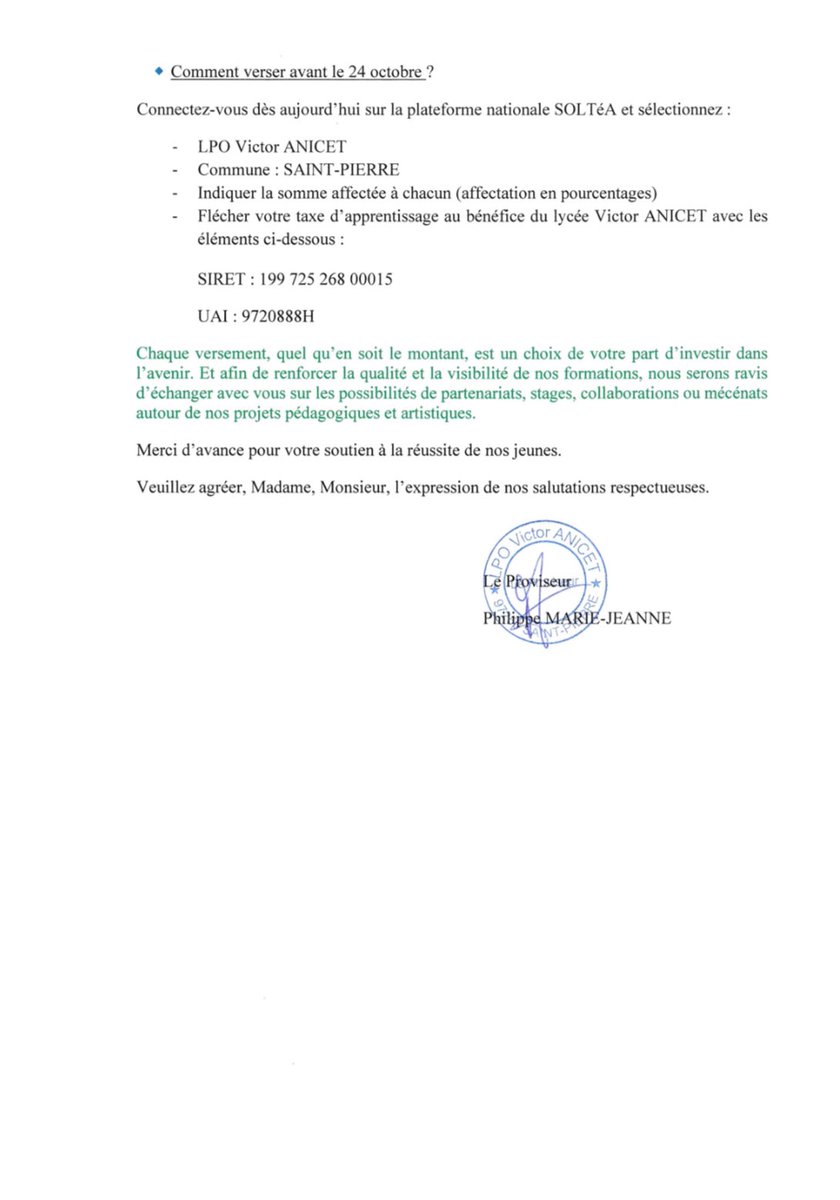 Chefs d’entreprises, soutenez les talents de demain en choisissant le <a href="/lpovanicet/">Lycée Polyvalent Victor Anicet</a> 
pour le versement de votre taxe d'apprentissage (date limite 24 octobre 2025).