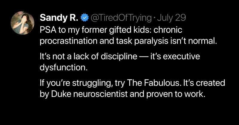 GetTheFabulous's tweet photo. No one tells you that once you find the right routine for your neurospicy brain, you'll cry.

Because life WAS harder.

You can finally focus and do things easily without getting overwhelmed.

If you're struggling, try The Fabulous.