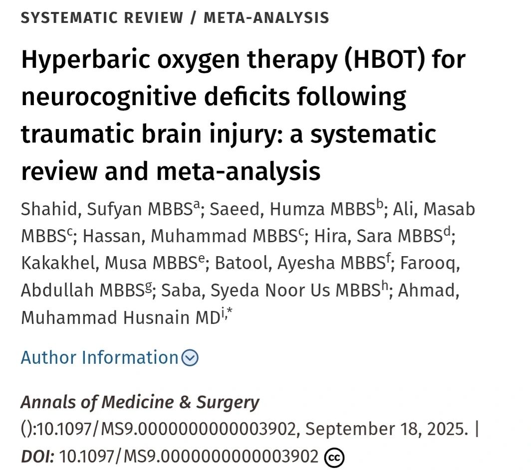 smasabalee's tweet photo. ❓ Can a simple oxygen chamber change the future of brain injury care? 
In our new paper, we reviewed the evidence on Hyperbaric Oxygen Therapy (HBOT) for traumatic brain injury. Results show notable improvements in cognitive function. https://t.co/q1vguOl7ML