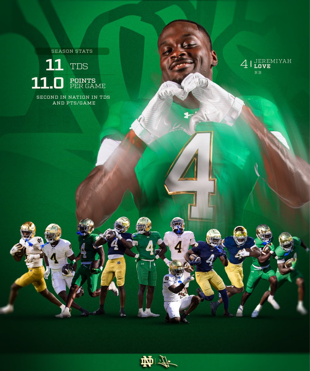 That’s the power of LOVE 🫶💚☘️

1️⃣1️⃣ touchdowns 
1️⃣1️⃣.0️⃣ points per game 

2nd in the nation in touchdowns and points per game. 

#GoIrish☘️