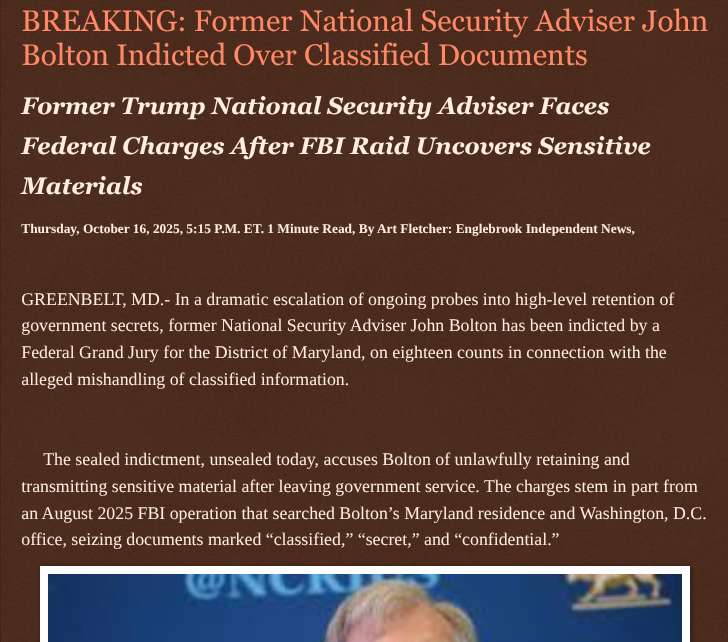 ArtFletcher9's tweet photo. BREAKING: Former National Security Adviser John Bolton Indicted Over Classified Documents https://t.co/EgPWkJSUVk via @Englebrooknews #Maryland #Greenbeltmd #WashingtonDC #Federal #indictment #mishandling #classified #documents #johnbloton @wireless_step @HRG_Media @LodiNJNews @SugarMAGA @fordmb1 @SarahGeving1 @Shannon96574094 @Daytobehappy @janninereid1 @MichelleF_35 @gator4kb18 @TrumpWasRite @KathyKbrose @RobGerundo @JimBobW49