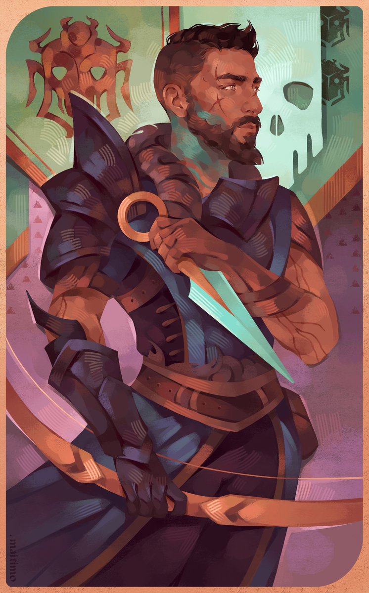 Commission tarot card of Lysander Ingellvar. I really love the combination of textures here! Oh, and I almost forgot to mention, the paint color on Rook's neck references the teal of Neve's outfit. So cute!

#DragonAge #DragonAgeTheVeilguard