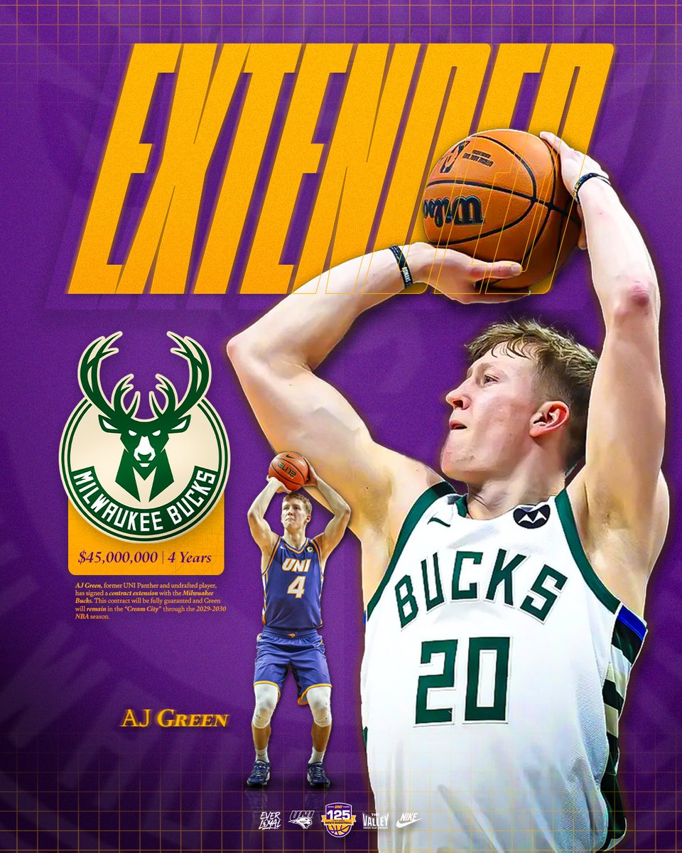 UNImbb's tweet image. Just a kid from Cedar Falls making it big in Milwaukee! 🏀
Congratulations to AJ Green on his new deal with the @Bucks! 📝
📰 bit.ly/4oskCjd
#EverLoyal | #1UNI | #Family | #PanthersInThePros | #UNIMBB125