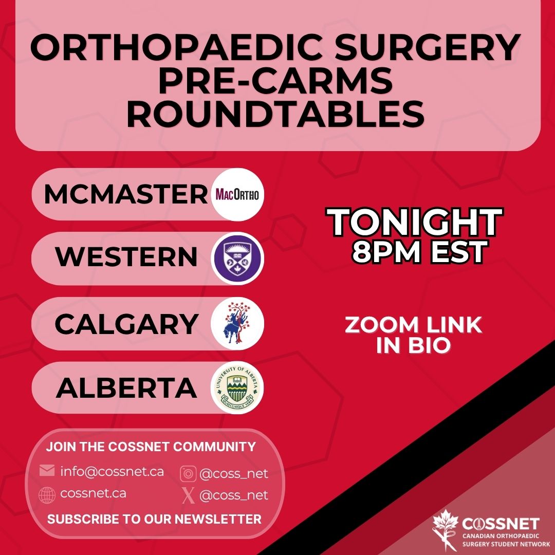 Tonight is our second instalment of this years pre-CaRMS orthopaedic surgery round table featuring McMaster, Western, UCalgary and University of Alberta orthopaedics programs! Link to last minute registration for tonight’s event is here: cossnet.ca/carms-roundtab…
See you there!