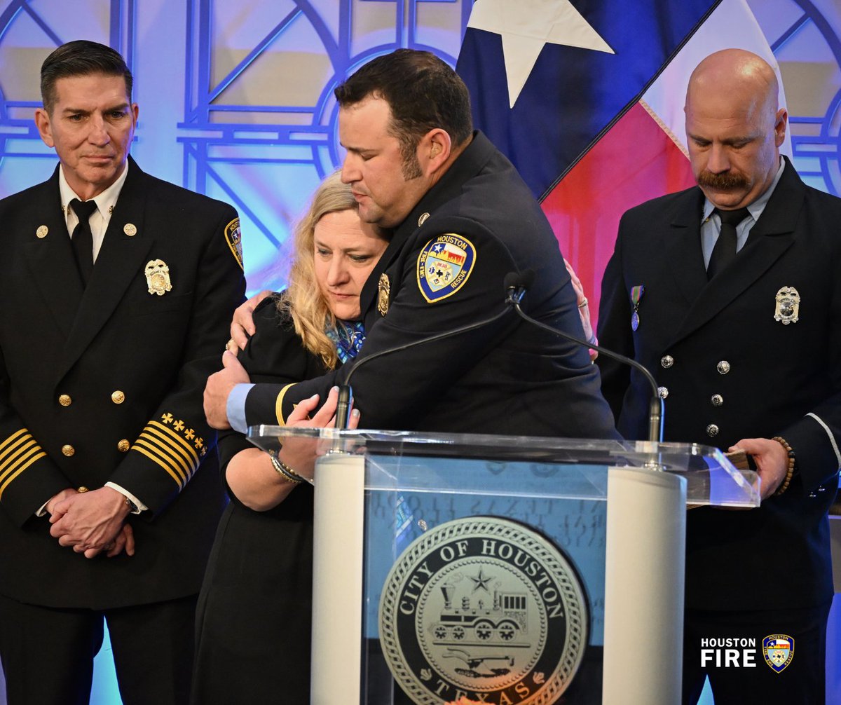 HoustonFire's tweet image. HFD members recognized at City Hall for volunteering in Hill Country flood recovery. Heaven's 27 - families who lost 25 daughters at Camp Mystic - joined in honoring their service. Proud of our members whose commitment to helping others extends beyond their shifts. #HoustonFire