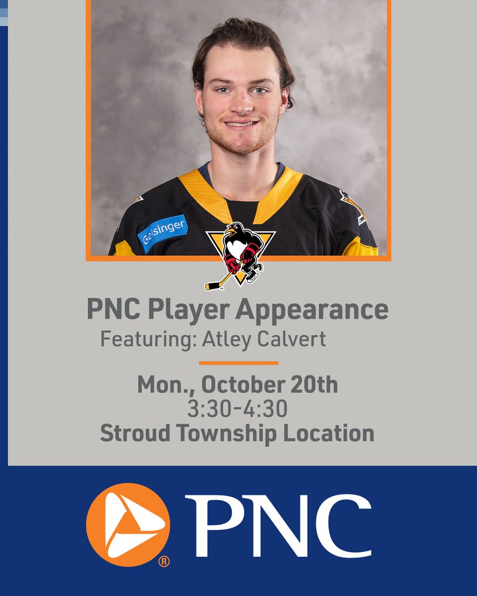 WBSPenguins's tweet photo. Our very first player appearance is out at the Stroud Township PNC location on MONDAY, October 20th from 3:30-4:30pm!

Come meet Pens forward Atley Calvert, take a couple photos, and get a few autographs! https://t.co/3qgaFT16cZ