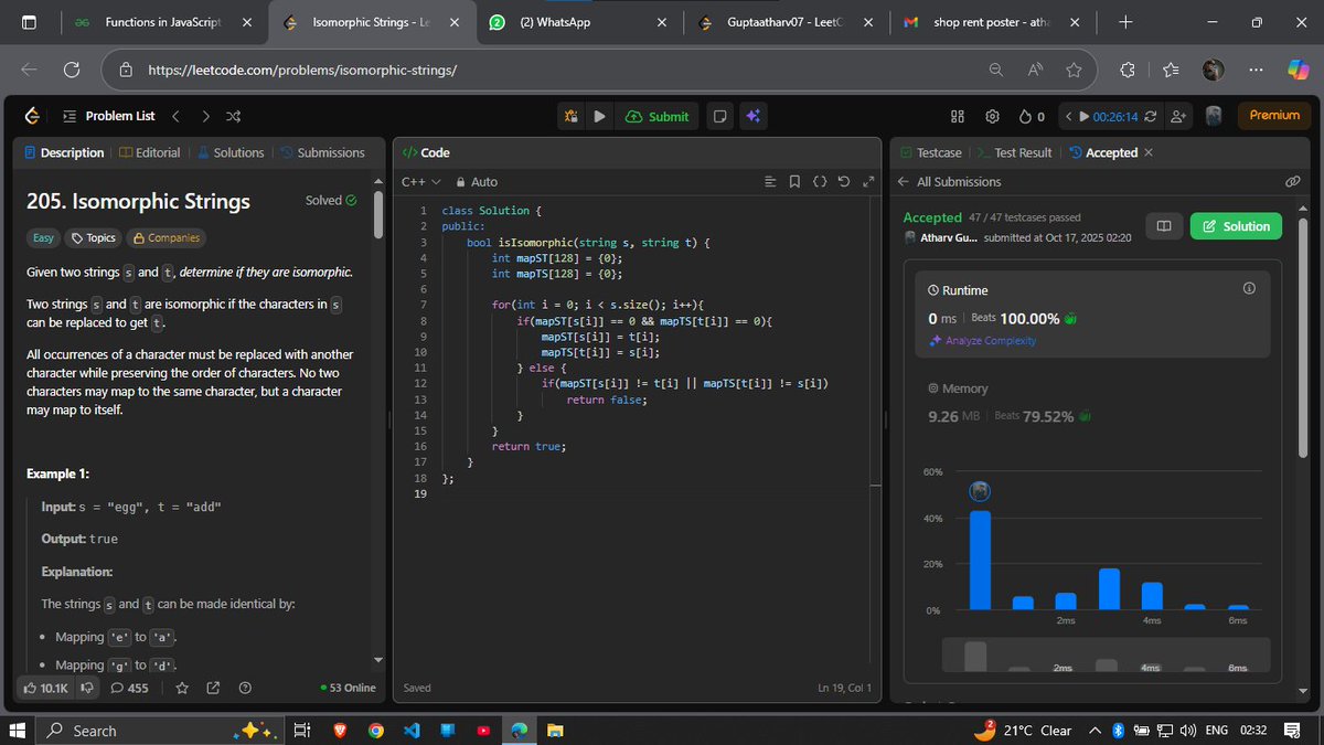 guptaAtharv07's tweet image. Day 26 of #100DaysOfCode ✅
Day was again really hectic: Day 2 of SUI Blockchain → 2½ hours stuck in traffic &amp;amp; got home after 13 hours 🤧 → Shoulder day at the gym → yet being consistent 💪🏽
Solved an easy string question about isomorphism and read about JS functions from GFG.