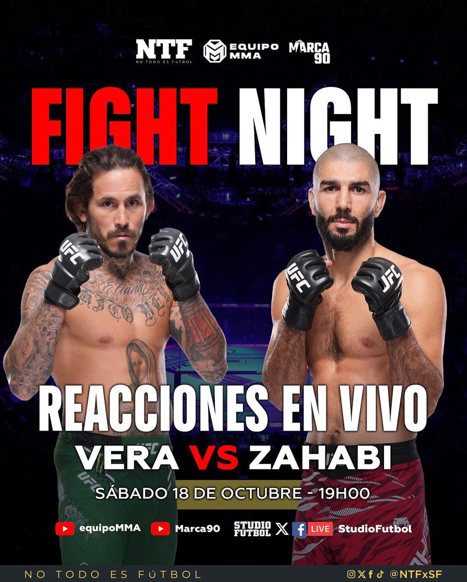 🇪🇨👊🏻 ¡TODOS A APOYAR A ‘CHITO’!

No te pierdas la acción, únete a la reacción en vivo del regreso de Marlon Vera al octágono  donde se enfrentará al canadiense Aiemann Zahabi🇨🇦. 

📆: Sábado 18 de octubre.
⏰: Desde las 19H00 (hora ecuatoriana).
📺: YouTube de EquipoMMA y Marca90