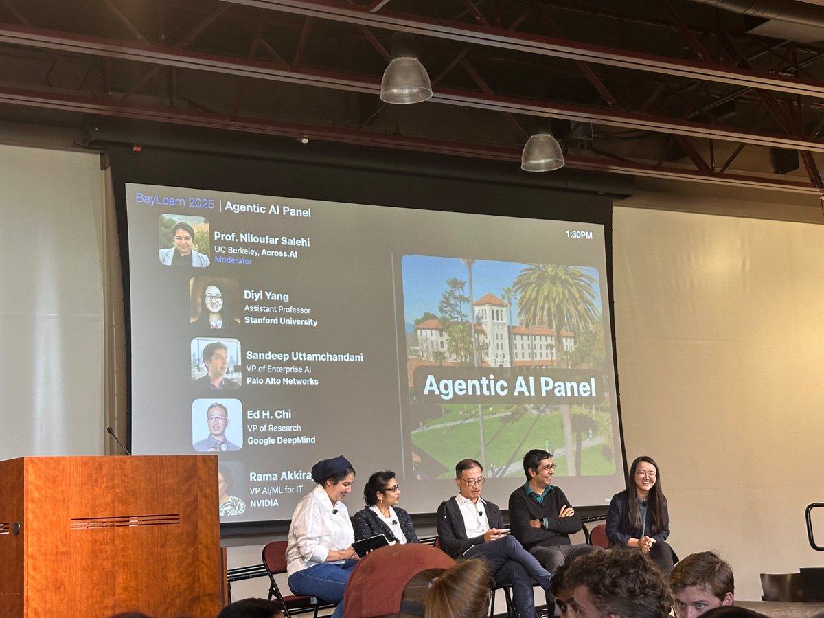 ZahraSaj's tweet image. At the Agentic AI panel at #BayLearn2025, Diyi Yang, Assistant Professor at Stanford, mentioned that while students use ChatGPT for their homework, more than making agents, we should make sure humans develop the skills such as critical thinking to survive.