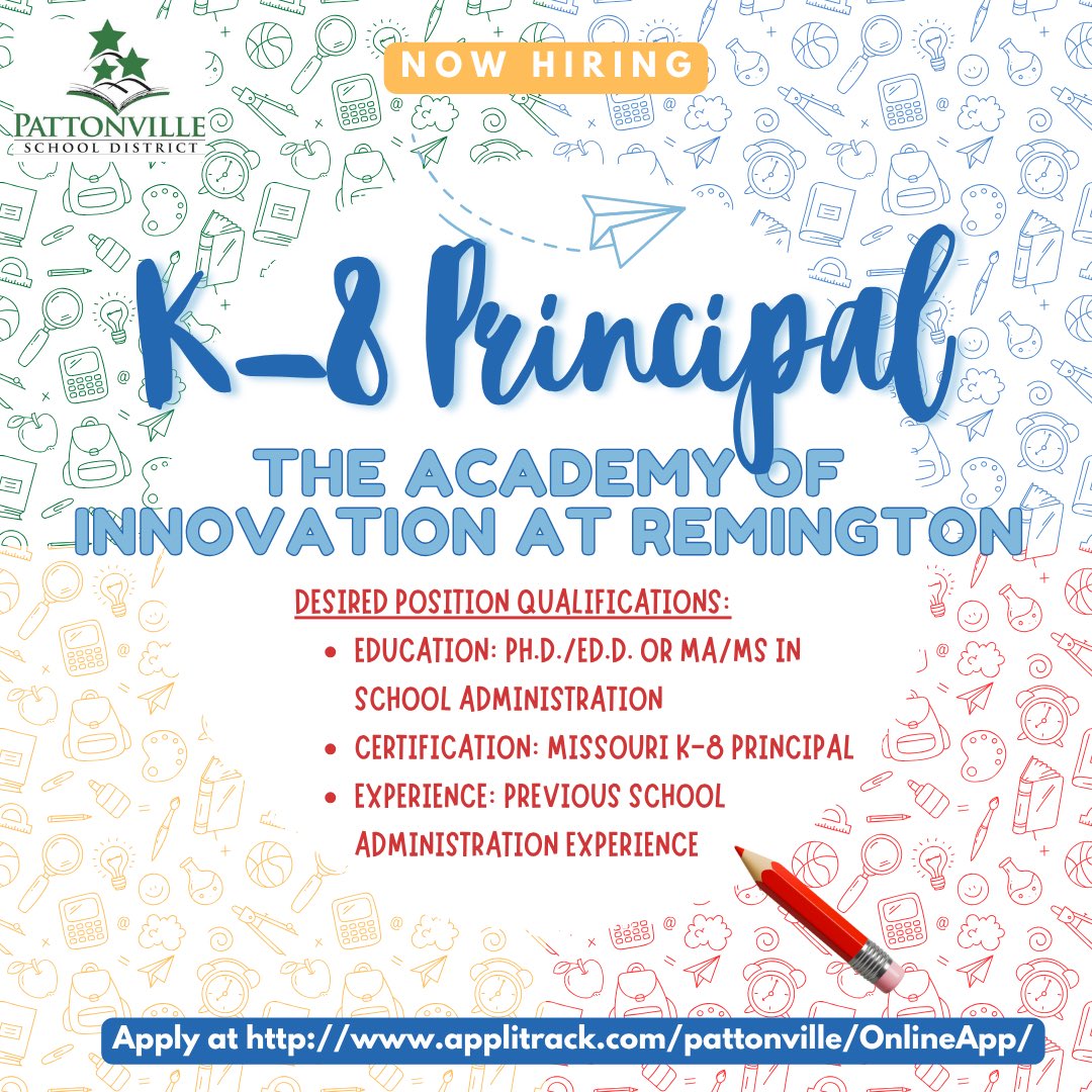 🚀 Now Hiring: K–8 Principal

The Academy of Innovation at 
Remington is seeking a visionary, student-centered leader for the 2026–27 school year.

Join one of Missouri’s top-ranked districts!

Apply by Nov. 7, 2025 ➡️ applitrack.com/pattonville/On…

#PattonvilleProud #Villemade