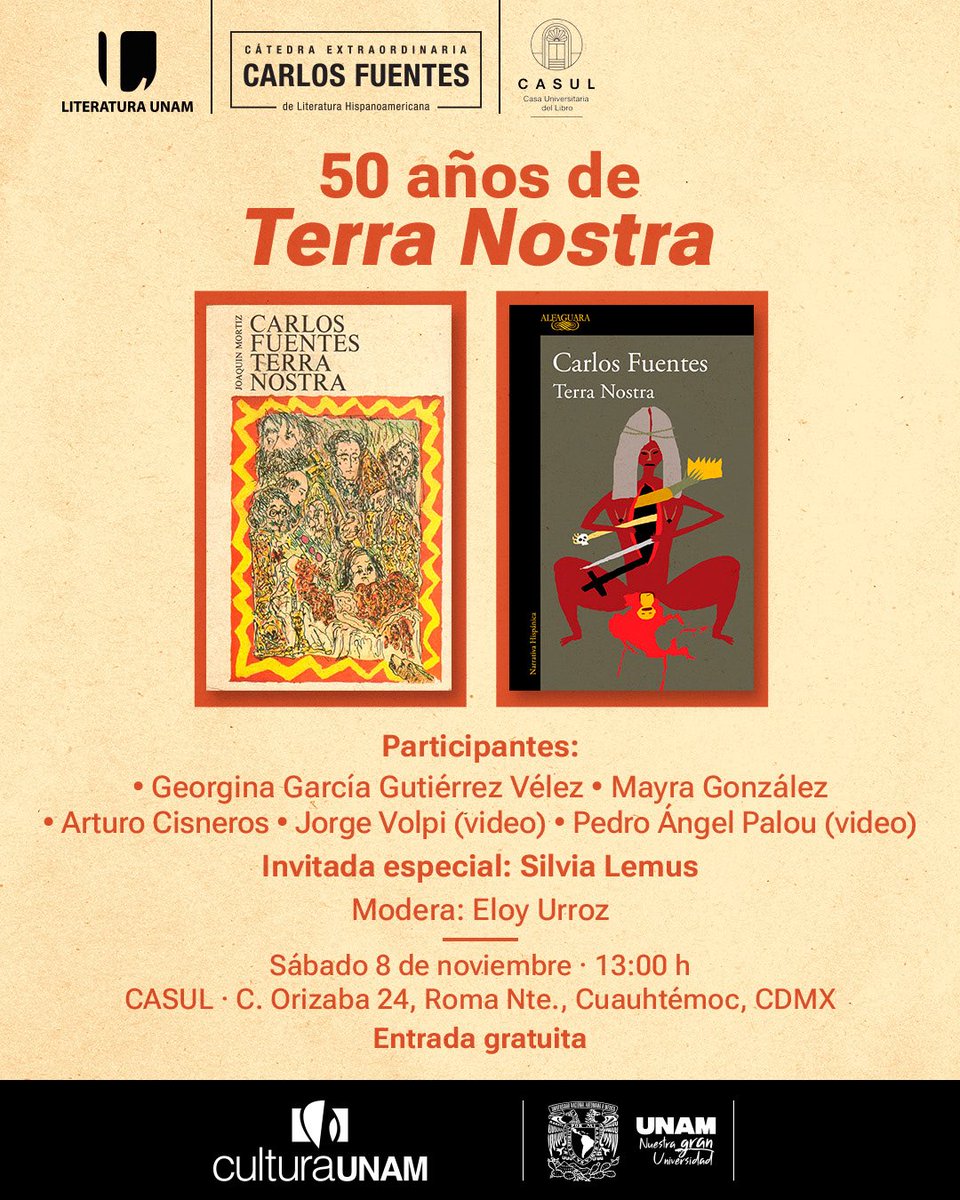 CatedraCFuentes's tweet photo. 📣 ¡Tenemos nueva fecha!
Nuestro homenaje por el 50 aniversario de la magnifica obra de Carlos Fuentes, 𝑇𝑒𝑟𝑟𝑎 𝑁𝑜𝑠𝑡𝑟𝑎.
Estarán presentes Mayra González, Arturo Cisneros, Jorge Volpi, Pedro Ángel Palou y Georgina García Vélez.

Modera: Eloy Urroz. https://t.co/e6M8lKroV9