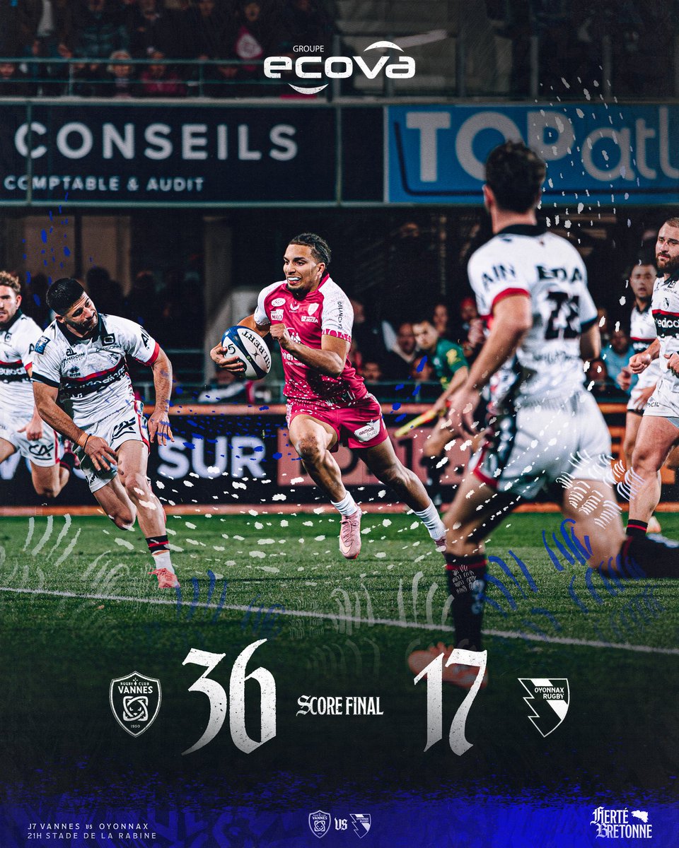 𝐒𝐜𝐨𝐫𝐞 𝐟𝐢𝐧𝐚𝐥 avec Groupe Ecova 

Dominants tout au long du match, nos Vannetais signent une victoire bonifiée ce soir à la Rabine face à Oyonnax 🩷

#FiertéBretonne