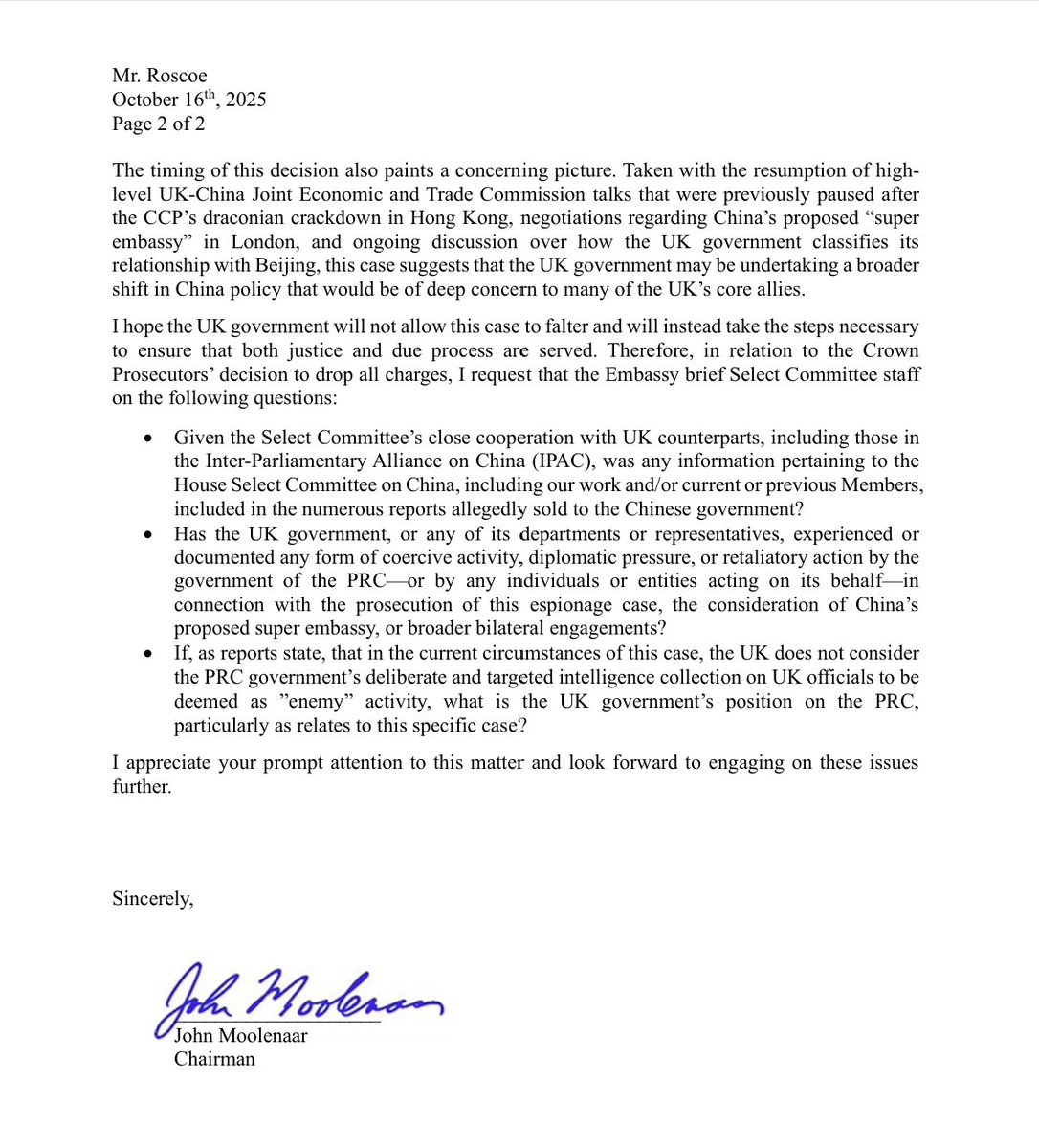 Here is the full letter from the US Congress on the spy trial