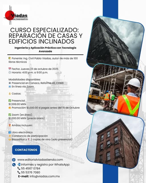 📷 Curso Especializado: Reparación de Casas y Edificios Inclinados
📷 Promoción: $1,000 mxn
#Cdmx #cursoscdmx #construccion #arquitectura #Curso  #Conference #Construction