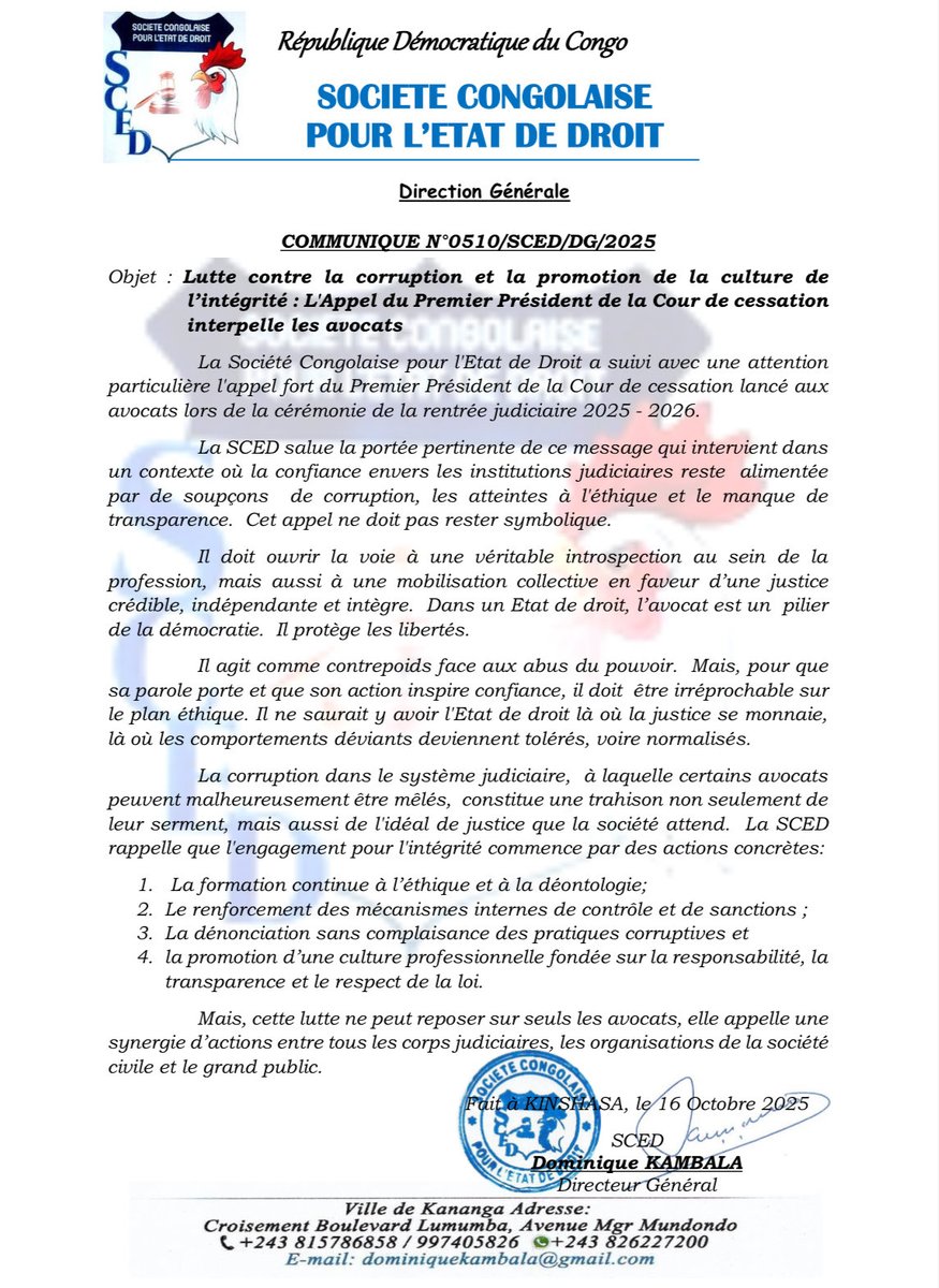 SCED49609063's tweet image. 🚨COMMUNIQUE N°0510/SCED/DG/2025

Objet : Lutte contre la corruption et la promotion de la culture de l’intégrité : 
L&apos;Appel du Premier Président de la Cour de cessation interpelle les avocats. 

#Sced #EtatdeDroit #Luttecontrelacorruption
