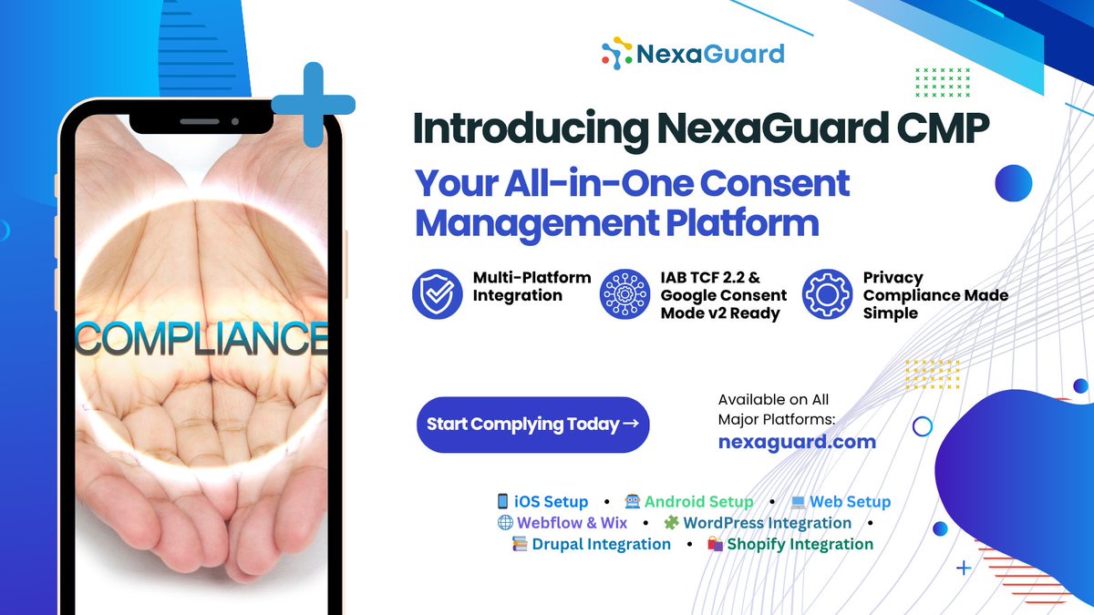 Cybexo's tweet photo. 📢 We’re Expanding Privacy Compliance Everywhere!
We’re excited to announce that NexaGuard CMP, our IAB-registered Consent Management Platform, is now available across all major platforms 🎉
📱 iOS Setup • 🤖 Android Setup • 💻 Web Setup
🌐 Webflow & Wix • 🧩 WordPress Integration • 📚 Drupal Integration • 🛍 Shopify Integration
From mobile to web, NexaGuard CMP helps you stay compliant with IAB TCF 2.2, GDPR, and Google Consent Mode v2 — all with a single, unified solution.
👉 https://t.co/MTbQK9xrIN
#NexaGuard #CMP #PrivacyCompliance #Shopify #WordPress #Webflow #Wix #Drupal #iOS #Android #IABTCF #GDPR #GoogleConsentMode