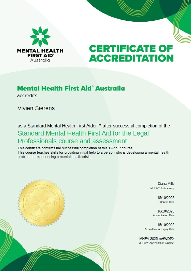 Mental Health First Aid Training Completed
This week I have completed a Mental Health First Aid course at The College of Law Australia. This training co-organized with Mental Health First Aid International empowers participants to recognise and respond to mental health challenges
