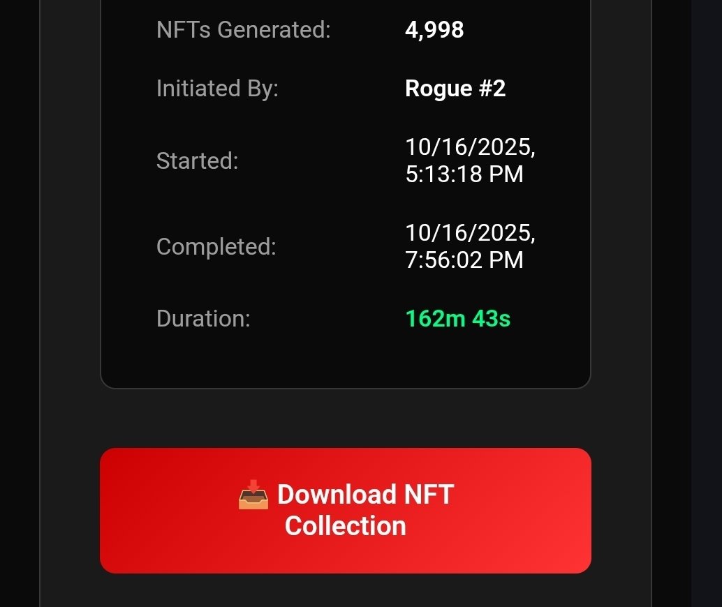 RoguePirateX's tweet image. Okay,

Not bad only 2 failures out of 5000 generations.

Found the issues, added fixes, add mechanisms to auto rebuild failed ones. Fails again, give the user the ability to regenerate those two from the UI or do a rebuild of just those two metadata and images.