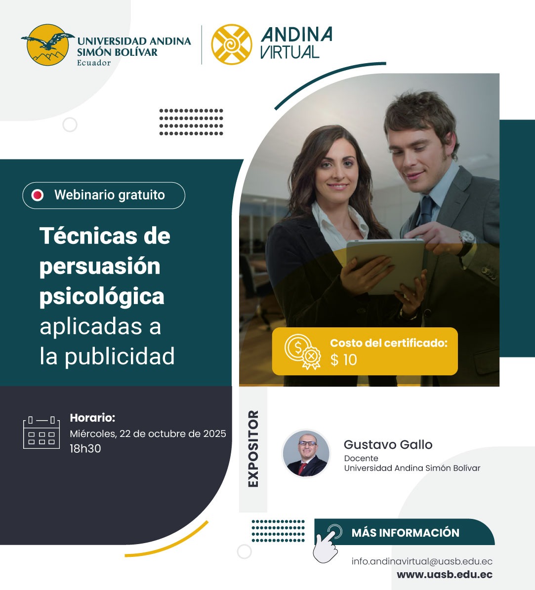 FormAndinaEc's tweet image. La publicidad no es solo vender, es emocionar, persuadir y transformar.
💡Aprende cómo lograrlo con la psicología aplicada.
📅 22 de octubre
📍 Online – ¡Gratis!
👉 Inscríbete aquí: bit.ly/4gxcRG0
@uasbecuador