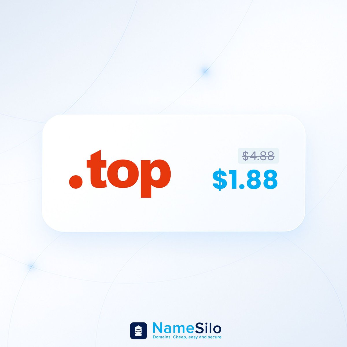 namesilo's tweet image. Reach the top online 🚀 .TOP domains are only $1.88 for the first year, perfect for brands, creators, and anyone aiming high. 🔗 buff.ly/e0176Ll 

#DotTOP #DomainDeals