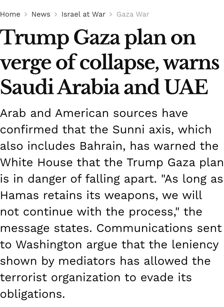 Israel Hayom'dan çarpıcı iddia:

➖"Trump’ın Gazze planı çökme noktasında, Suudi Arabistan ve BAE'den uyarı 

Arap ve Amerikalı kaynaklar, Bahreyn’in de dahil olduğu Sünni ekseninin Beyaz Saray’ı Trump’ın Gazze planının dağılma tehlikesiyle karşı karşıya olduğu konusunda
