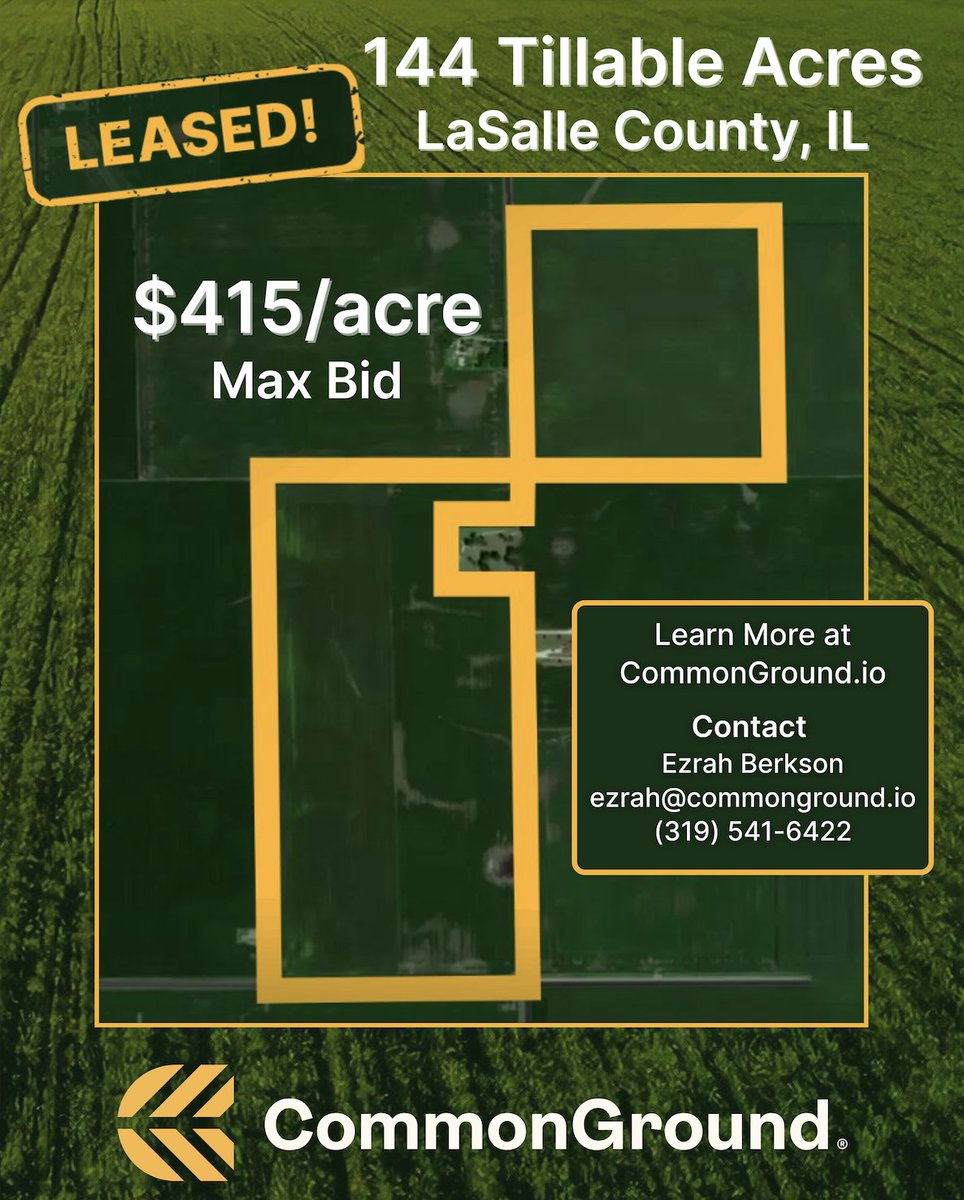 LEASED! 

144 tillable acres in LaSalle County, IL just leased on CommonGround for $415/acre. Are you cash renting farmland? List it on CommonGround and get competitive bids from qualified farmers. Contact us today to get connected with a leasing specialist in your area!