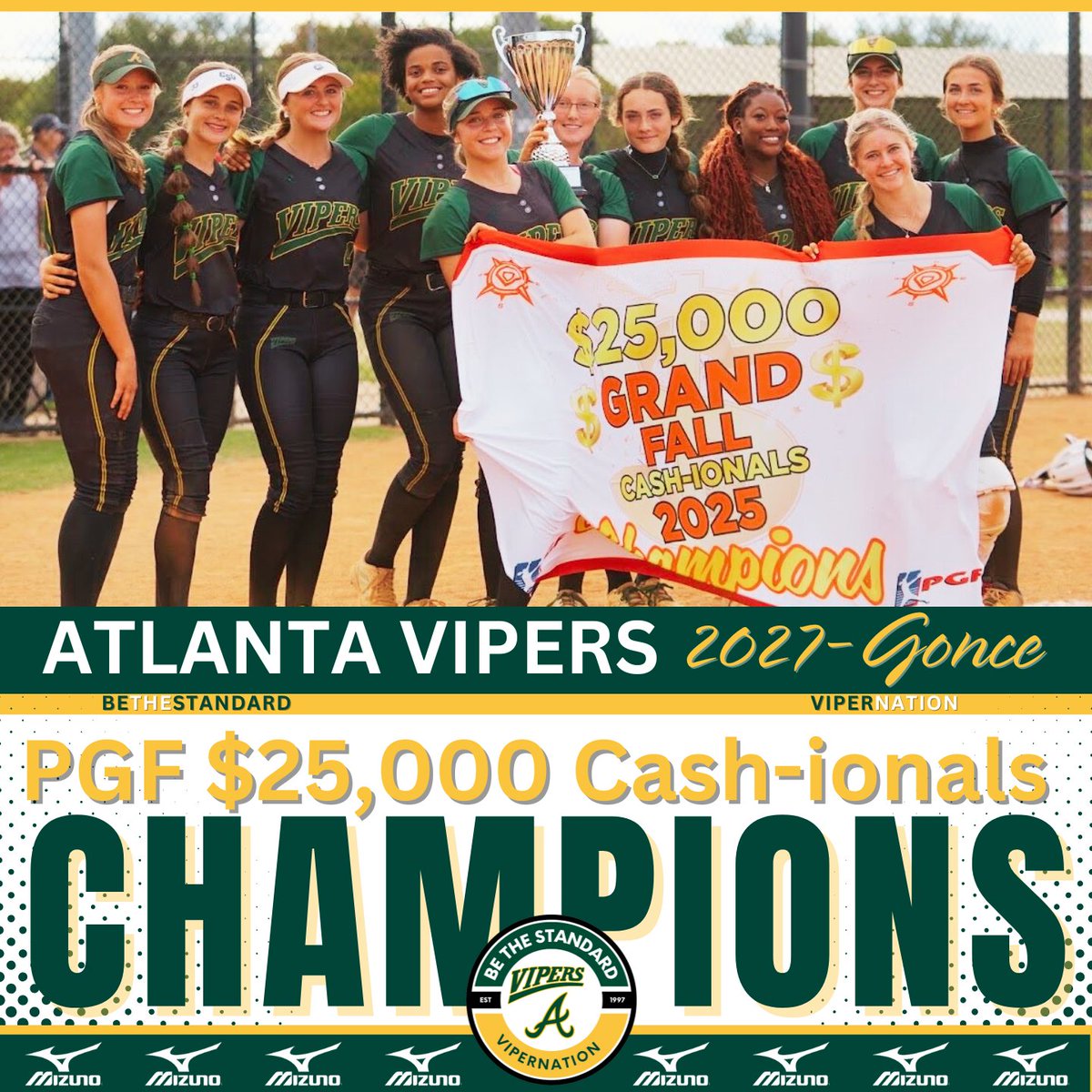 Atlanta Vipers Fastpitch (@thevipernation) on Twitter photo The Atlanta Vipers–Gonce brought home the 💰at the PGF $25K Cash-ionals! Locked in from start to finish, this squad made a statement with every game. More than a trophy. More than the cash. A true team win! #BeTheStandard
<a href="/VipersGonce/">Atlanta Vipers '09-Gonce</a> <a href="/MizunoFPitchNA/">Mizuno Fastpitch USA</a> <a href="/LineDsoftball/">Line Drive Media</a> <a href="/ExtraInningSB/">EXTRA INNING SOFTBALL</a> The Atlanta Vipers–Gonce brought home the 💰at the PGF $25K Cash-ionals! Locked in from start to finish, this squad made a statement with every game. More than a trophy. More than the cash. A true team win! #BeTheStandard
<a href="/VipersGonce/">Atlanta Vipers '09-Gonce</a> <a href="/MizunoFPitchNA/">Mizuno Fastpitch USA</a> <a href="/LineDsoftball/">Line Drive Media</a> <a href="/ExtraInningSB/">EXTRA INNING SOFTBALL</a>