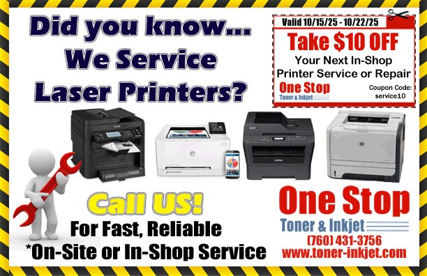 OneStopToner's tweet image. Did you know we service laser printers? For details, please call us at 760-431-3756 or visit toner-inkjet.com