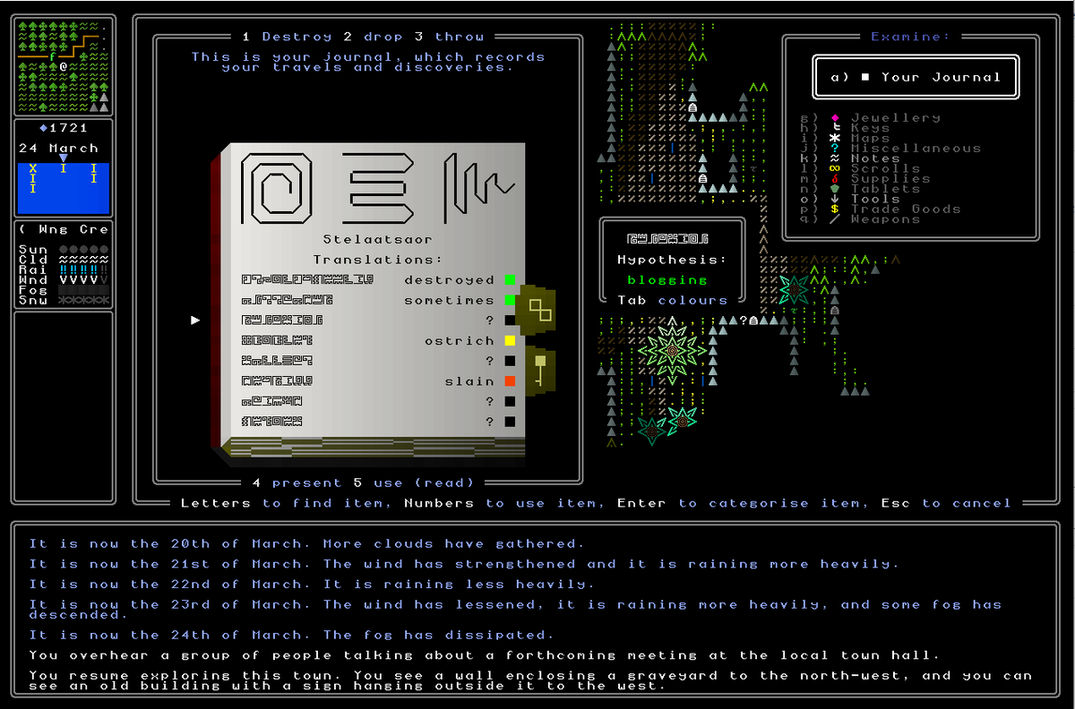 mrj_games's tweet image. Ultima Ratio Regum 0.11 devlog #45 is up! Massive progress on the player&apos;s journal, translating generated languages (not mere substitution ciphers), categorising items relating to riddles, and more!

markrjohnsongames.com/2025/10/12/ult…

#gamedev #indiedev #roguelike #screenshotsaturday