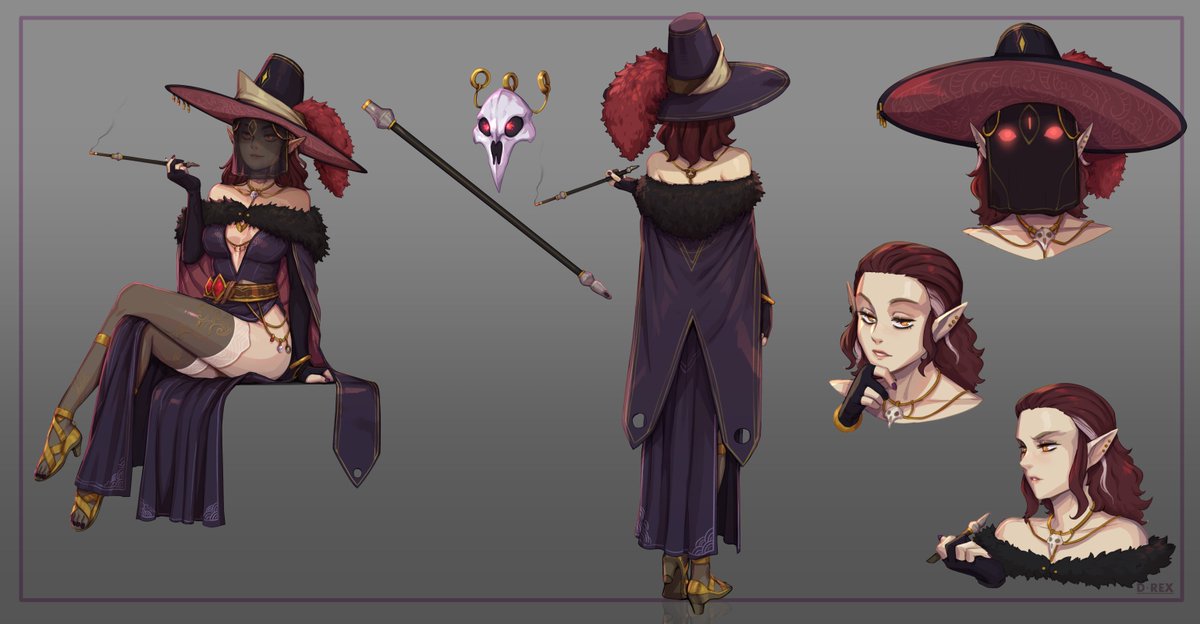 Recently finished surprise character design for Myrido, who wanted a rich, magic item trading elven witch :D! I quite like how she came out :3c. 

This one has an alt version which includes nude views over in my Discord Server :D!