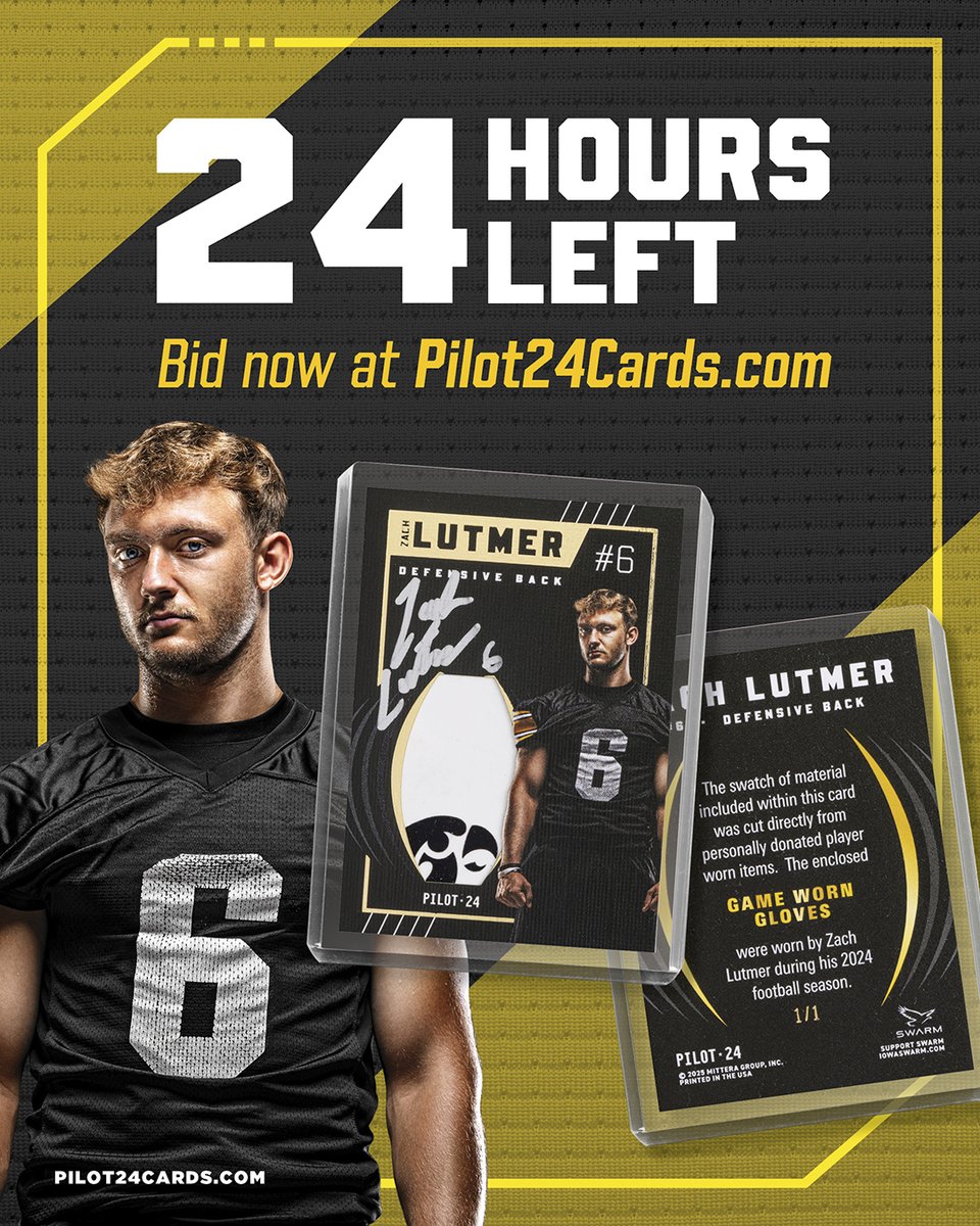 🚨 24 HOURS LEFT 🚨

Hawkeye fans — Don't miss out on this opportunity! ⏳

🔥 Zach Lutmer Autographed Cards
✅ Player-worn gear
✅ Foil stamped
✅ Ultra-limited edition
BID NOW ➡️ Pilot24Cards.com
Don’t miss this ➡️ gone forever in 24 hours!
#IowaFootball #ZachLutmer