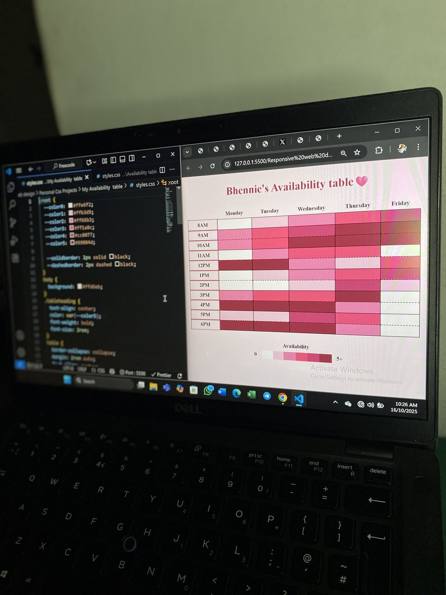 HerTechdiaries's tweet image. New day, new project

For today I designed a table with lines of codes. 
My main aim was to master how variables actually works.

If you are a newbie in webdev i will love to connect too
#webdevcommunity 
#frontendwebdeveloper