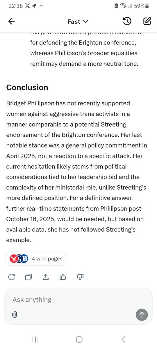 FFesterbragne's tweet image. I asked AI about  Bridget Phillipsons' shameful silence, recently regarding aggressive masked trans activists, asking when she had lost voiced support for women.  

Perhaps women in #1000RapesADayUK need a champion in tune with their obvious needs.

Shame on her.

#April2025