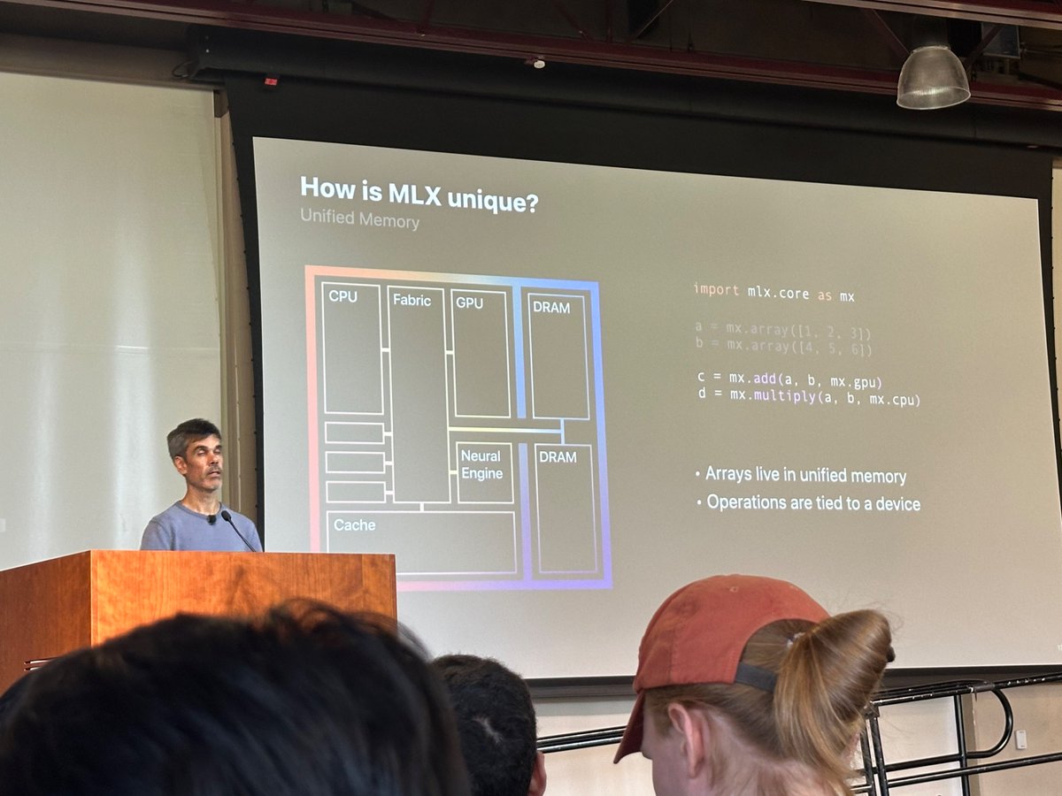ZahraSaj's tweet photo. Ronan Collobert from Apple talks about MLX, Apple’s open-source machine learning framework, showing its efficiency, unified memory , and suitability for fast, flexible ML research on Apple Silicon. #Baylearn #Baylearn2025 https://t.co/HXjzSnS2oD