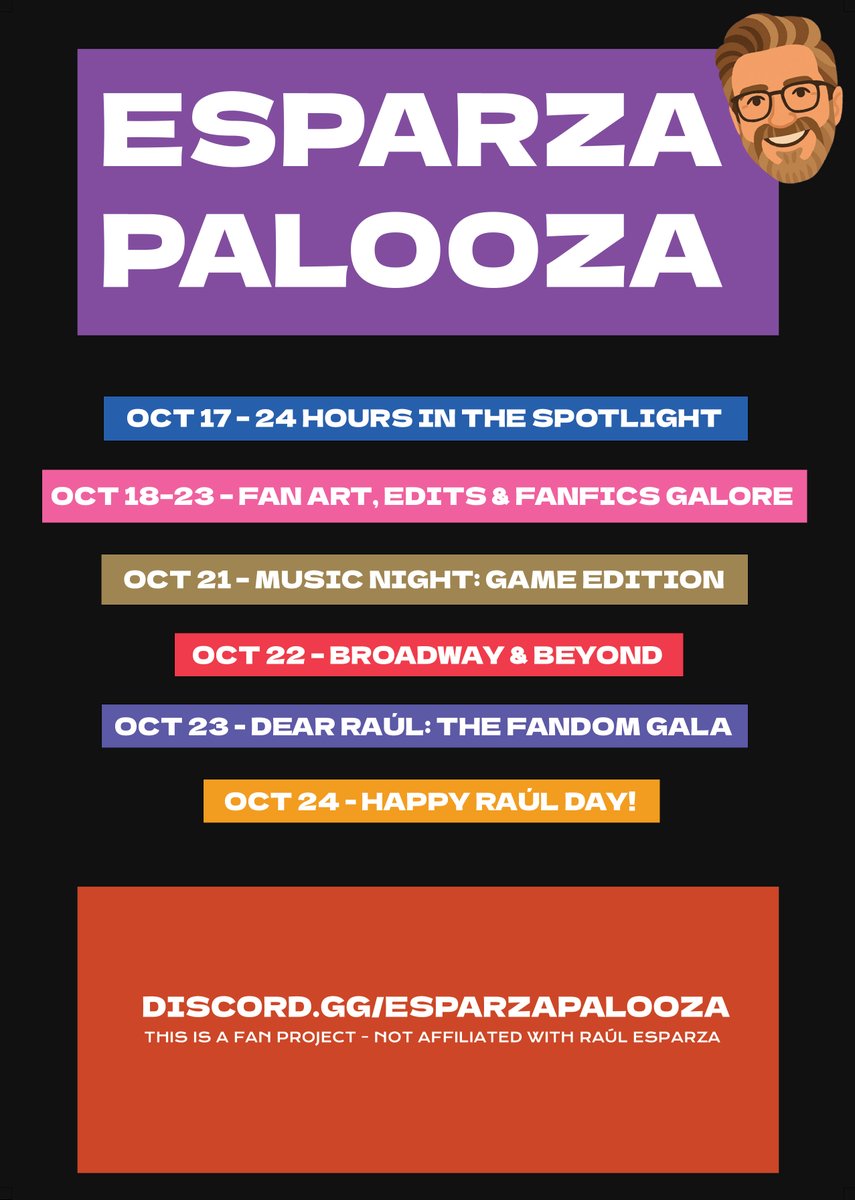 PST PST PST SOMETHING IS HAPPENING HERE!!!!

let me introduce you to – ESPARZA PALOOZA 🎉  – an online festival leading up to Raúl's birthday ✨ a full week of games, fan arts, fics, edits, pure fandom chaos‼️

the door is officially open, JOIN NOW!
discord.gg/esparzapalooza