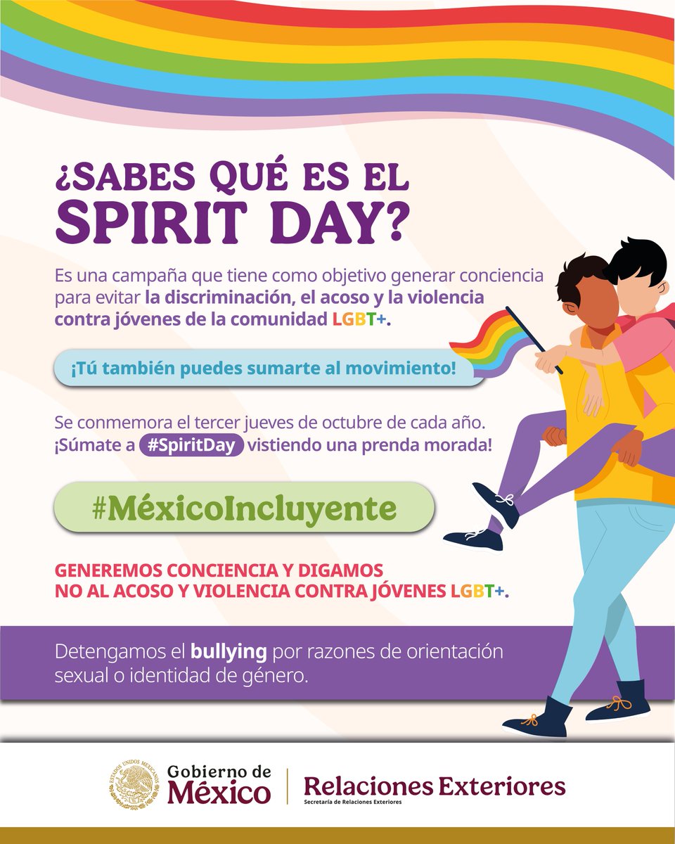🟣 Este #SpiritDay, nos unimos al movimiento global contra el acoso y la discriminación hacia la comunidad LGBTIQ+.

👉 Únete portando morado y alzando la voz.
👉 Descubre más: glaad.org/spiritday
#ZonaSegura #ProtecciónConsular #MéxicoIncluyente
<a href="/glaad/">GLAAD</a> <a href="/SRE_mx/">Relaciones Exteriores</a>