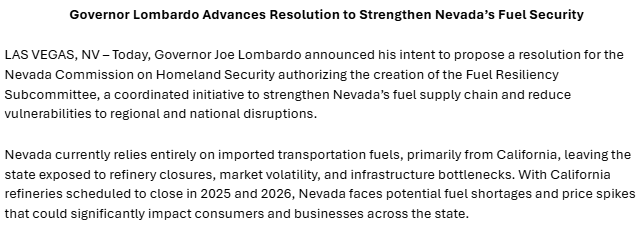 VictorJoecks's tweet photo. .@JosephMLombardo's office warns that California refinery closures could could lead to "potential fuel shortages and price spikes" in Nevada. 

He wants a new group to "diversify supply routes" into Nevada. Read: Reduce NV's dependence on CA. 

Fantastic. https://t.co/Zyyi62a73E