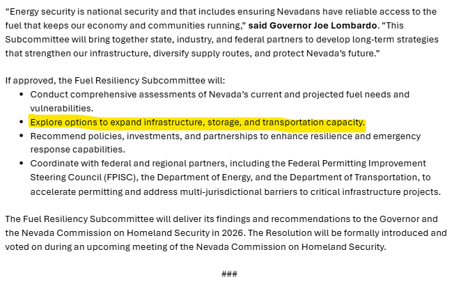 VictorJoecks's tweet photo. .@JosephMLombardo's office warns that California refinery closures could could lead to "potential fuel shortages and price spikes" in Nevada. 

He wants a new group to "diversify supply routes" into Nevada. Read: Reduce NV's dependence on CA. 

Fantastic. https://t.co/Zyyi62a73E