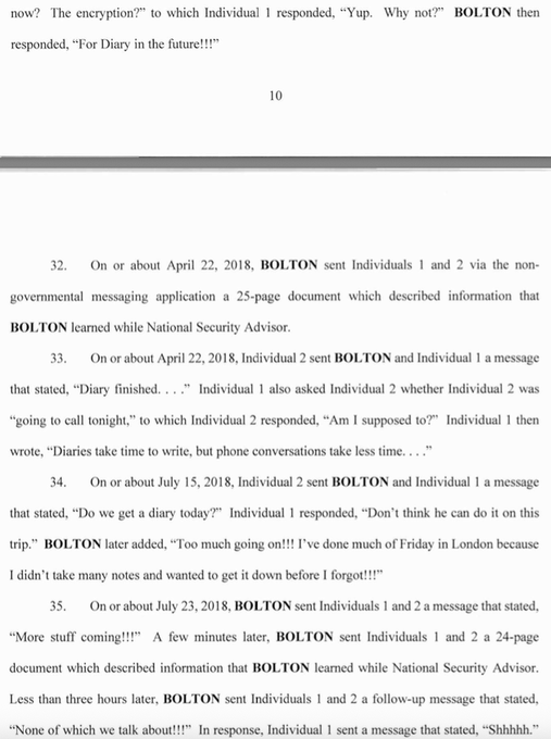 A multi-page excerpt from a legal indictment document featuring numbered paragraphs detailing communications involving John Bolton and individuals labeled as 1 and 2 discussing a draft document sent via messaging application with descriptions of dates like April 22 2018 and July 15 including text about taking notes in London and follow-up messages with exclamation points visible in the content.