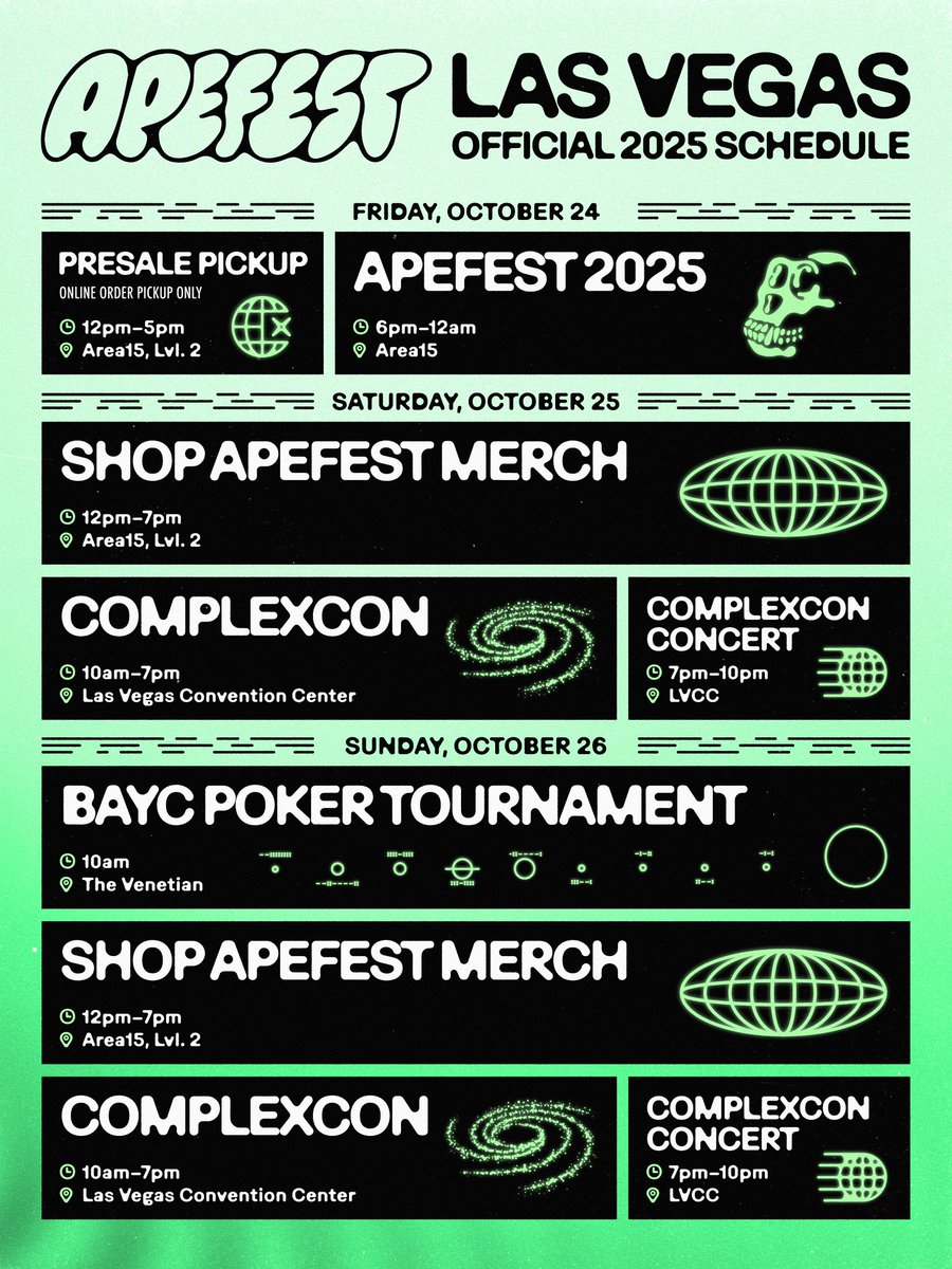 BoredApeYC's tweet image. The ApeFest Las Vegas Official 2025 Schedule has arrived.
Three days, one club, and it all goes down in Vegas.