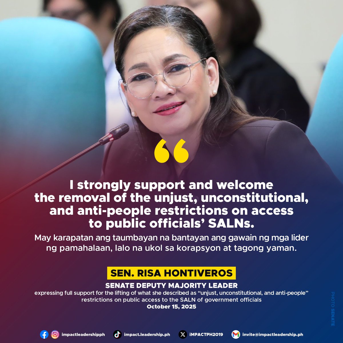 iMPACTPH2019's tweet image. RISA BACKS LIFTING OF SALN ACCESS LIMITS, CALLS IT A WIN FOR TRANSPARENCY
Senate Deputy Majority Leader Risa Hontiveros expressed full support for the lifting of what she described as "unjust, unconstitutional, and anti-people" restrictions on public access to the Statements of…