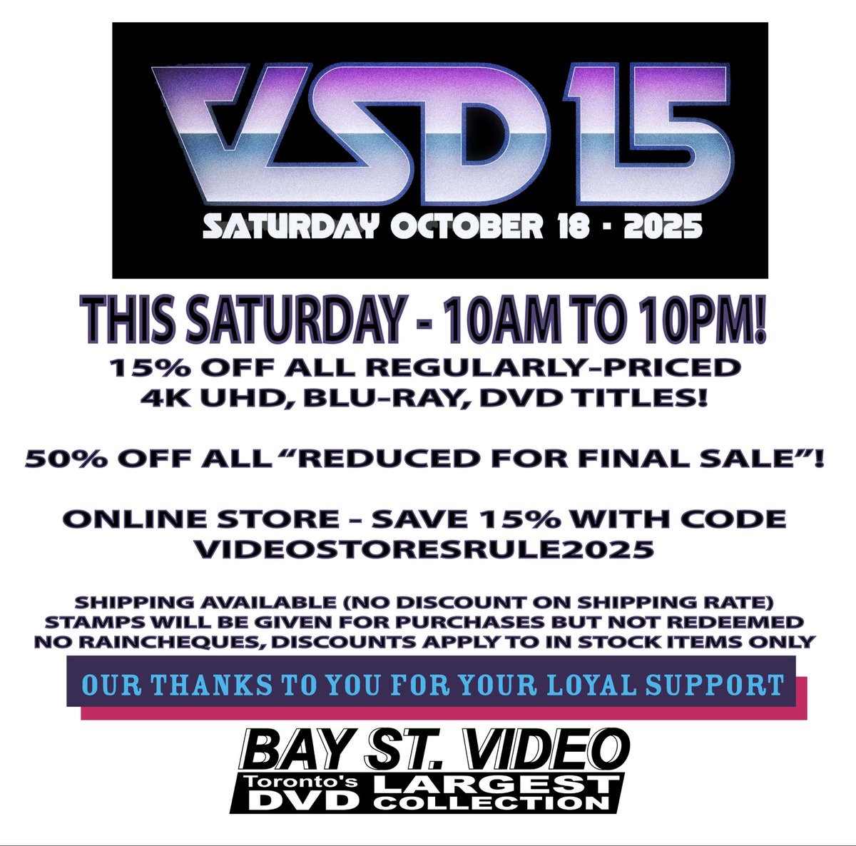 BayStreetVideo's tweet photo. That’s right! We’re celebrating the 15th Annual Video Store Day this Saturday! One day only, in store and online, so if you’ve been putting off the Wes Anderson Archive or that Imprint edition of The Keep, now’s the time! Long live the video store! #videostoreday https://t.co/PgDMd3YuJM