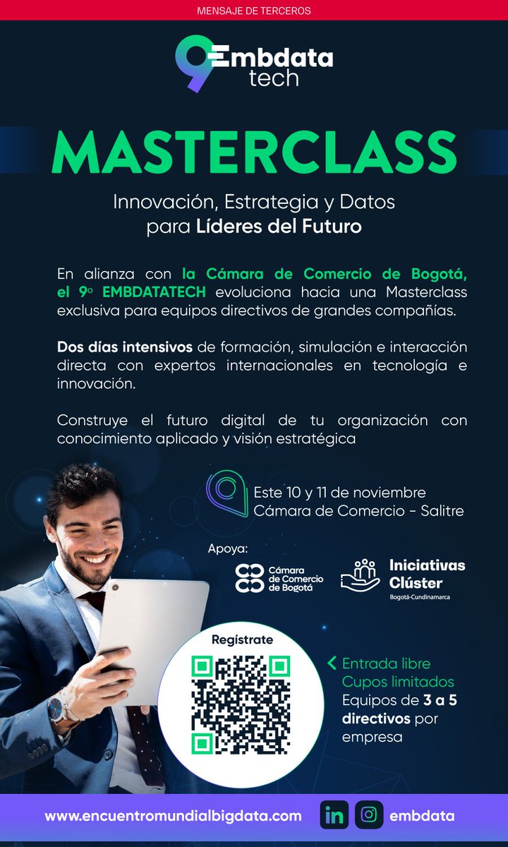 Prepárate para vivir el 9° Encuentro Mundial de Big Data, IA y Nuevas Tecnologías – EMBDATATECH 2025, el punto de encuentro donde la innovación, el conocimiento y los negocios se conectan.

Durante dos días, visionarios, investigadores, empresas y mentes curiosas compartirán